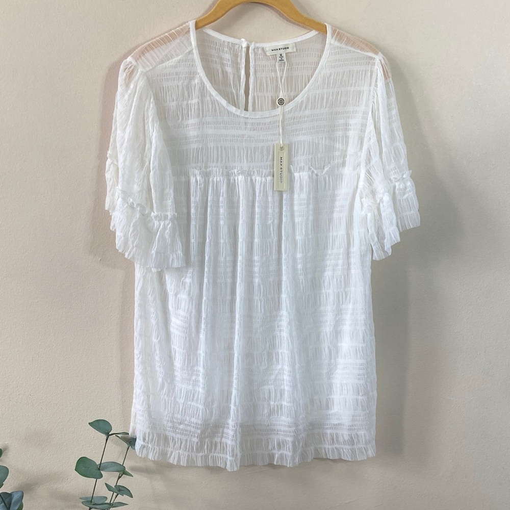 Max Studio Ivory White Sheer Blouse Women' s Medium Ruffle Sleeve Sheer Top NWT